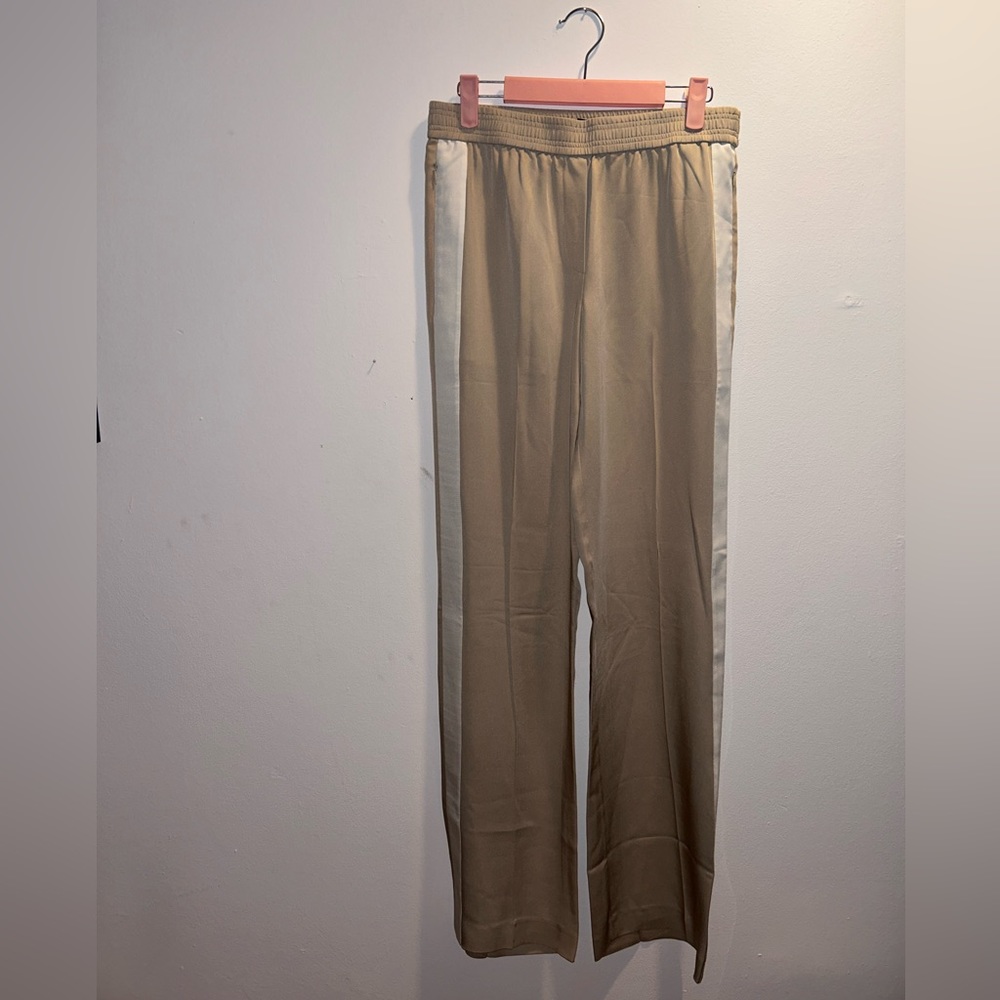 Theory beige silk pants with white stripe